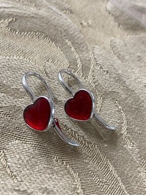 925 Silver Red Heart Drop Pierced Earrings